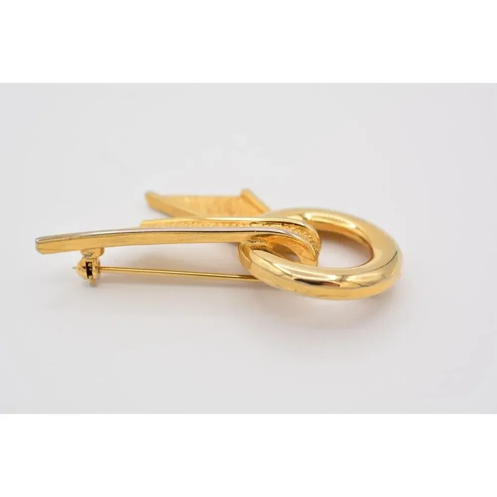 Vintage Abstract Pin Brooch Round Bow Textured Gold Tone 1980s BinAT